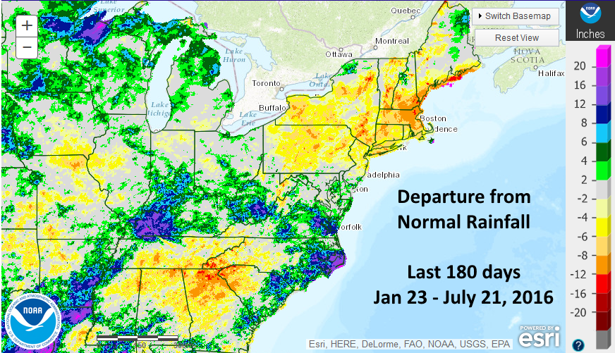 Departure From Normal Rain from the last 180 Days