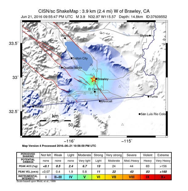 Brawley Earthquake Shakemap June 21, 2016