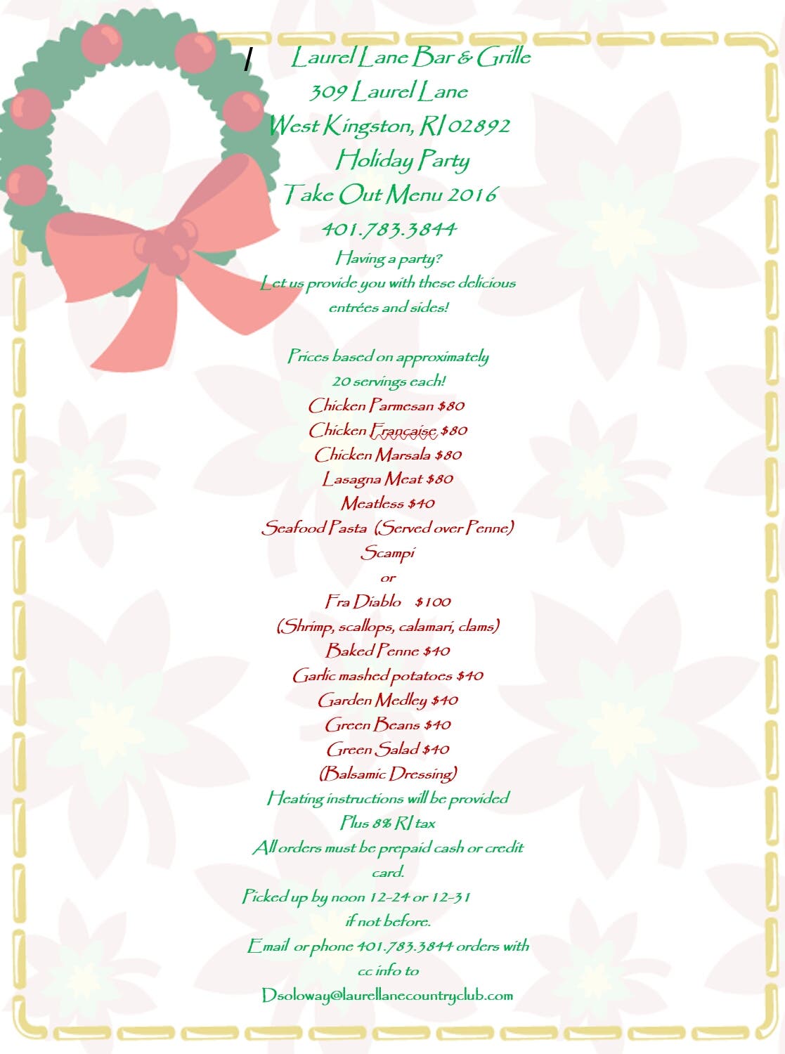 Holiday Party Take Out Menu Holiday Party Take Out Menu