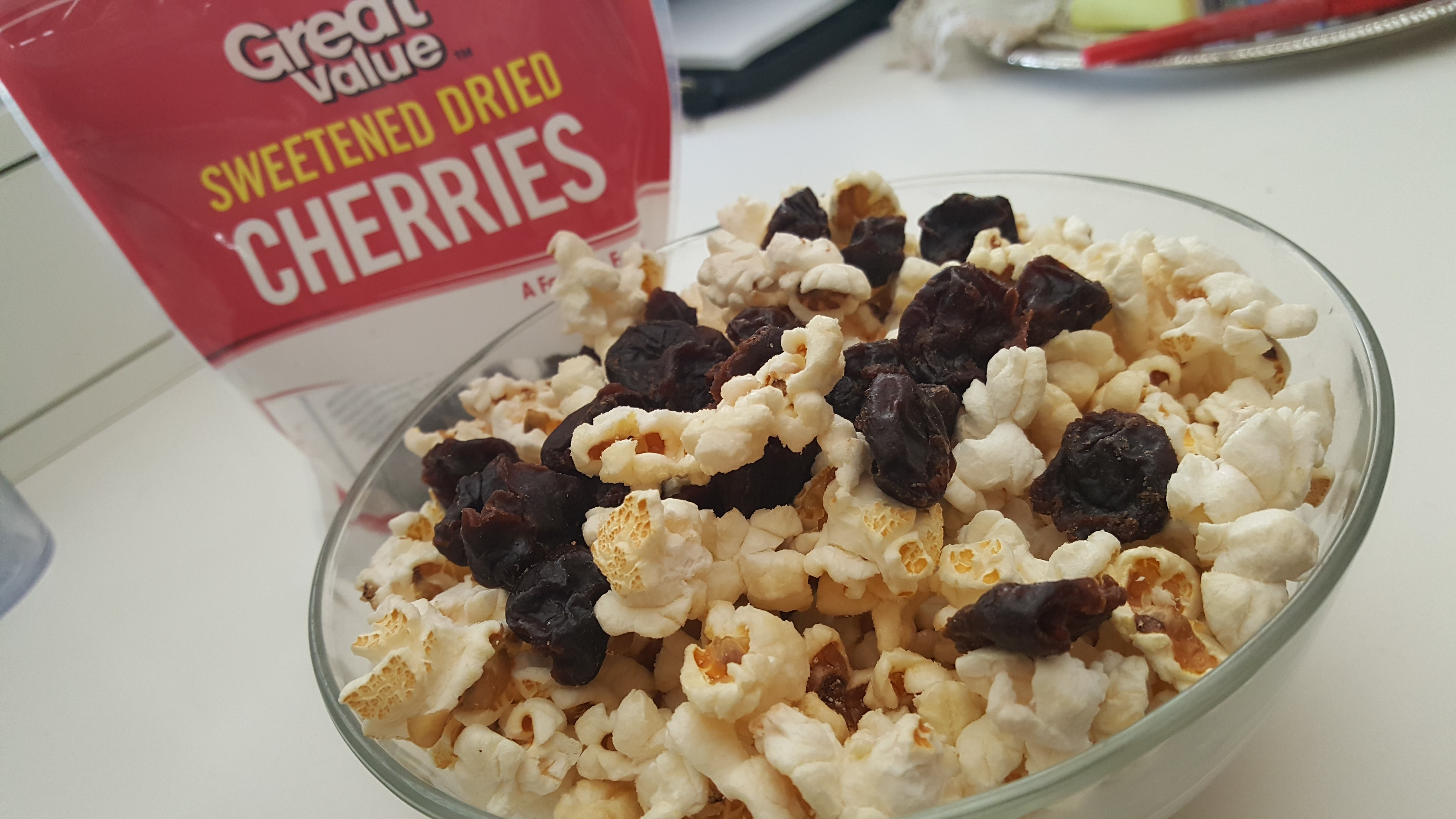 Dried cherries from Walmart, along with Costco Kettlecorn Popcorn