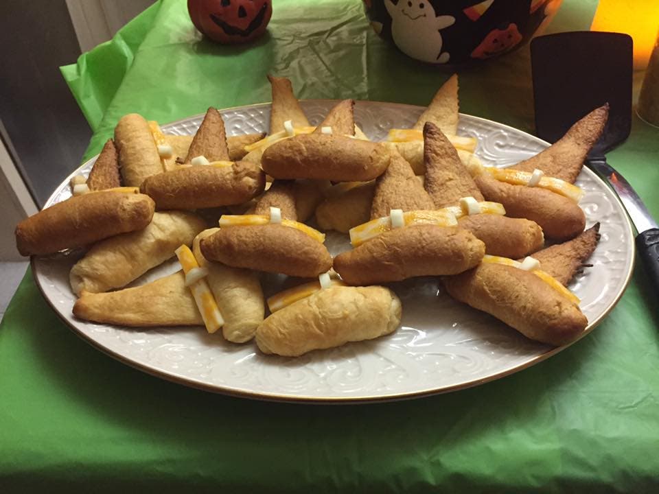Witch Hat Croissants with cheddar strip bands (Stacia Godown) Witch Hat Croissants with cheddar strip bands (Stacia Godown)