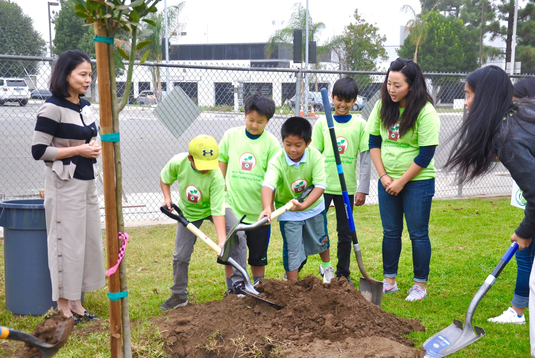 Dig in! Teacher Linda Kim’s 4th graders begin planting their Green Ninja tree at Walnut Elementary. 
