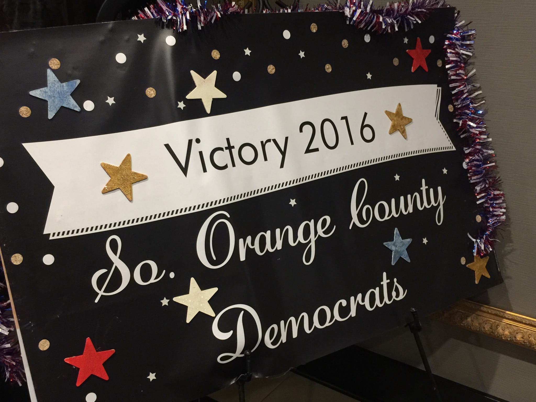 A somber watch party rather than the victory party that South Orange County Democrats expected in Laguna Hills (Amy Spurgeon Hoffman, photo)