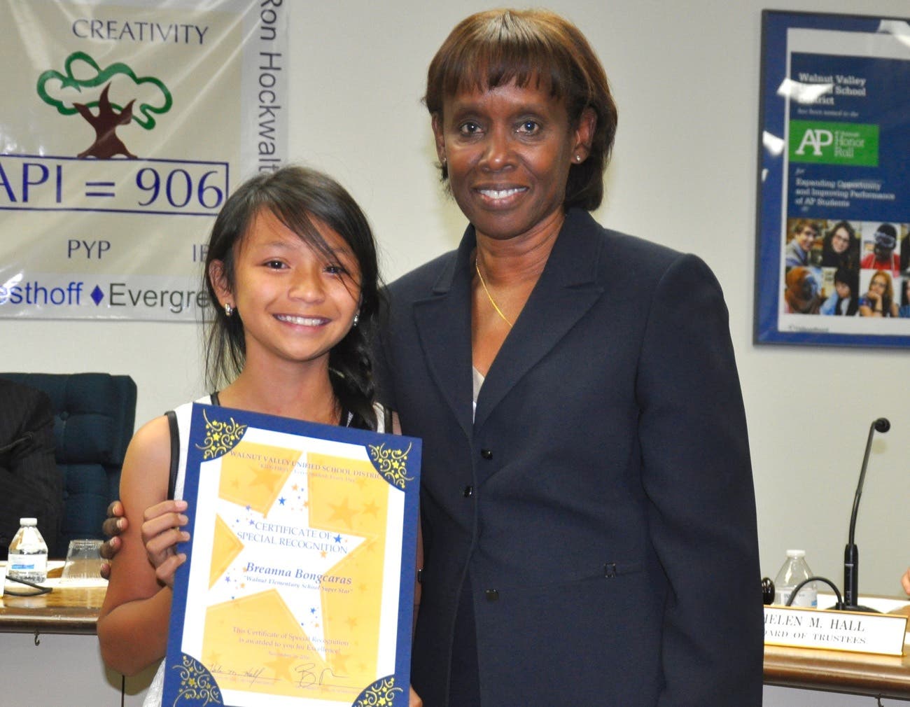 Walnut Elementary 5th grader Breanna Bongcaras received the Super Star Student Award on November 16. Shown with Board President Helen Hall.