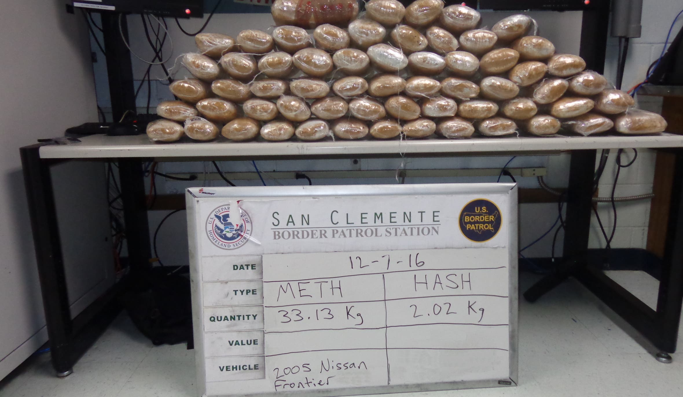 The meth bundles weighed 73.04 pounds and the hashish bundles weighed 4.45 pounds. (Border Patrol Photo)