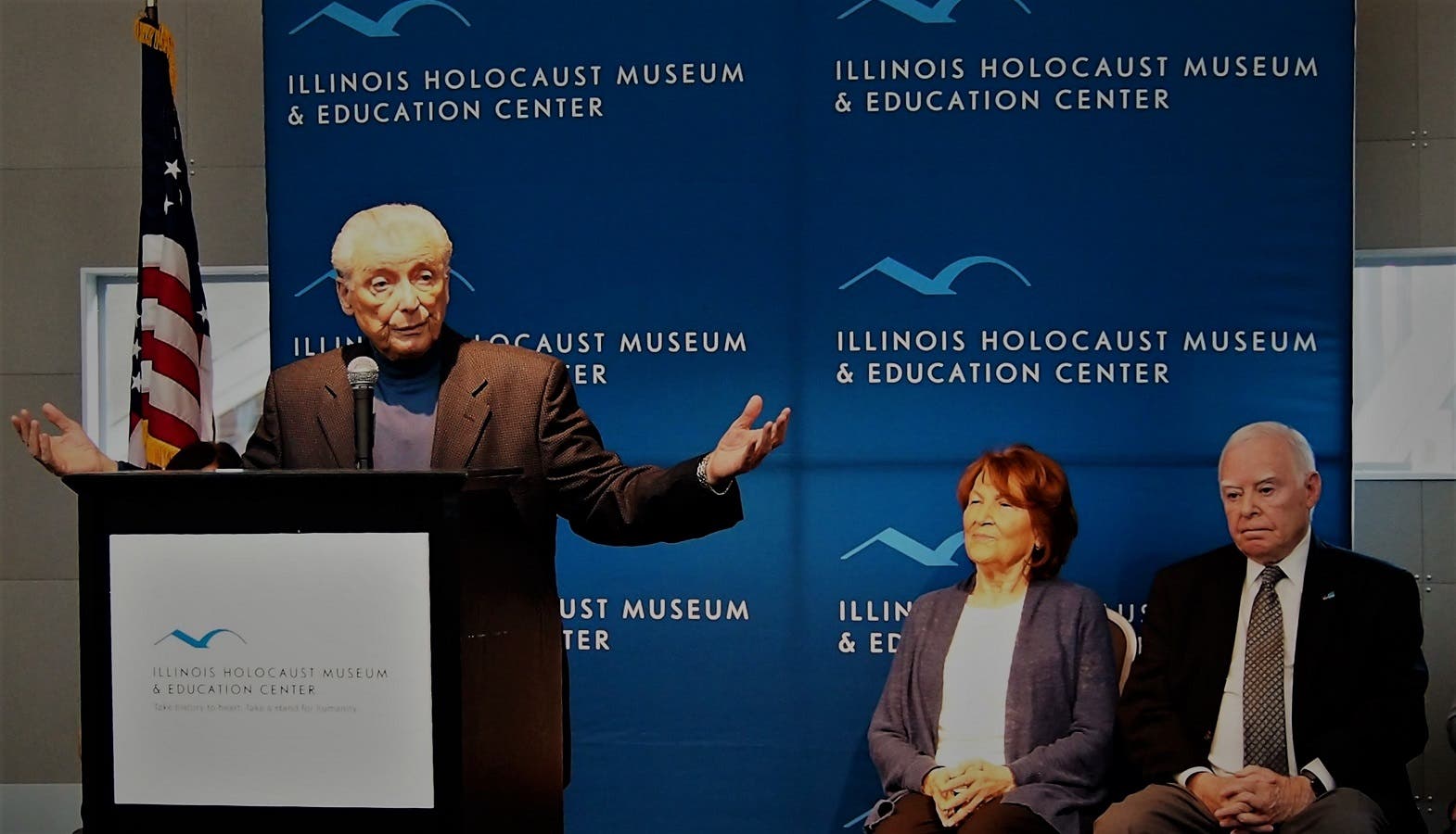 Aaron Elster, Fritzie Fritzshall, Ralph Rehbock, Holocaust survivors at the Illinois Holocaust Museum & Education Center Feb. 2 2017
