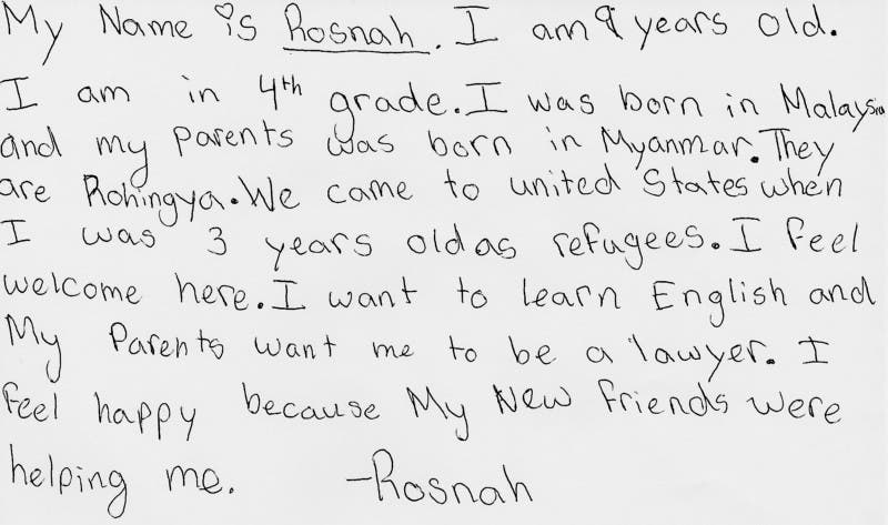 Essay written by nine-year-old Rosnah in Chicago for 90 Days, 90 Voices