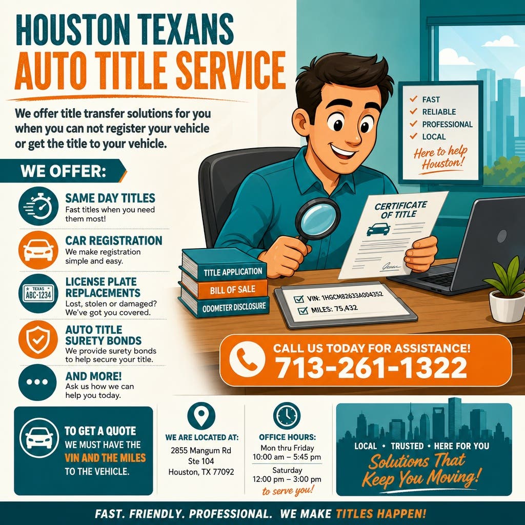 Houston Texans Auto Title Service - Same Day auto title surety bonds