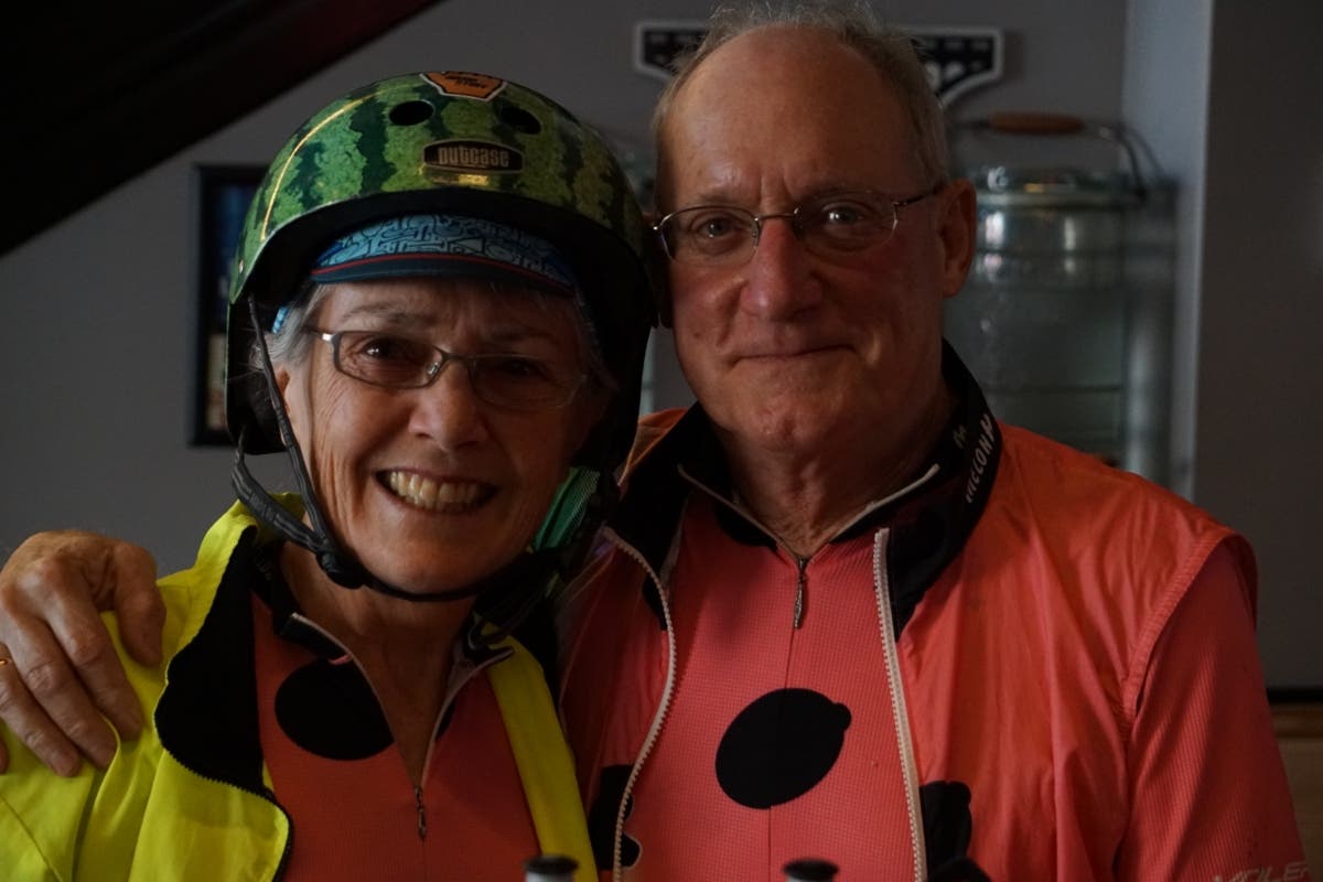 On left, Maria Conzemius; on right, husband Jim Conzemius biking on Cedar Rapids trail