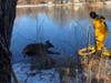 A deer was rescued off an ice-covered pond in Glastonbury on Wednesday.