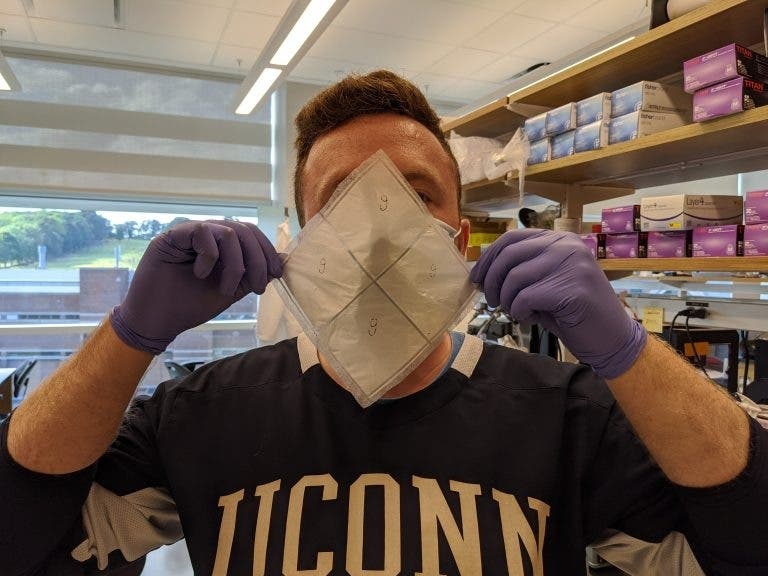 The biodegradable facemask invented by UConn engineer Thanh Nguyen and three Ph.D. students. 