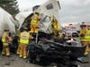 Vernon firefighters had to cut the driver of a truck out of his cab Monday on I-84 in Vernon after it collided with another truck. 