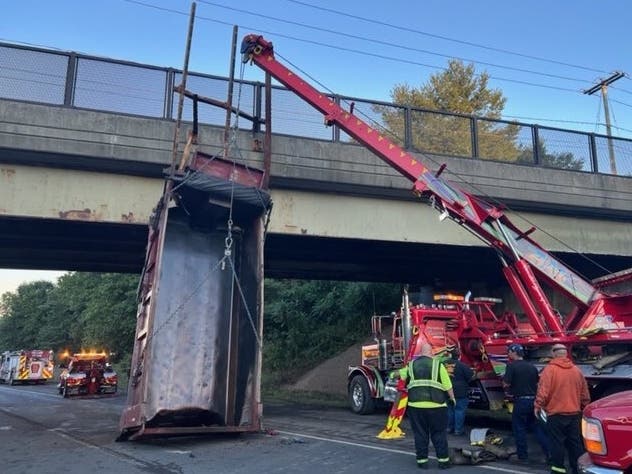Dump Truck Bed Left Leaning On Overpass After Crash On I-84 In Tolland ...