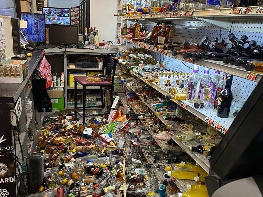 The damage inside a Tolland liquor establishment after it was hit by a car Tuesday. 