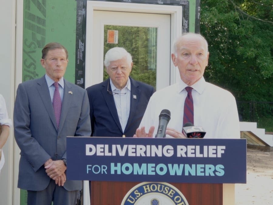 U.S. Rep. Joe Courtney, flanked by Sen. Richard Blumenthal (left) and Rep. John Larson (center), announces the Casualty Loss Deduction Restoration Act.