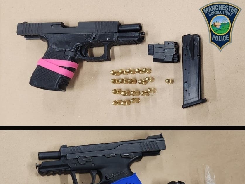 Two guns and ammunition were seized from a 17-year-old in Manchester Thursday, along with a stolen car.