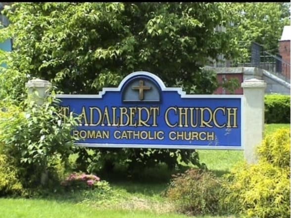 A St. Adalbert Church sign that was being stored at a cemetery has been stolen, Enfield police said. 