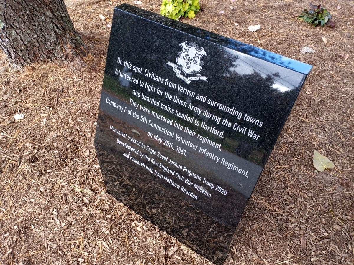 A new monument in Vernon commemorates the train service that transported volunteers to the Civil War, thanks to Josh Prignano's Eagle Scout project. 