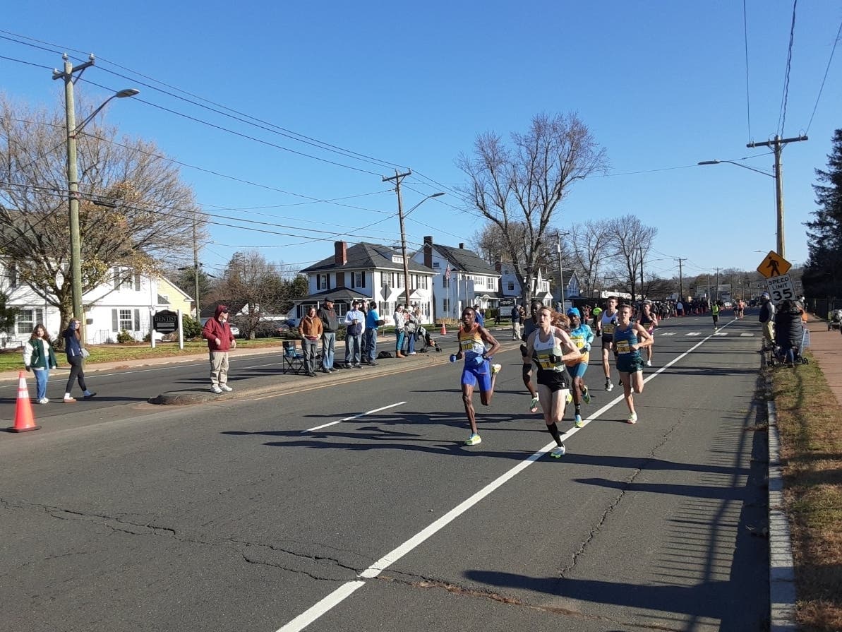 Morgan Beadlescomb, the 2023 Manchester Road Race Champion (far left) will be defending his title on Thanksgiving morning this year. 
