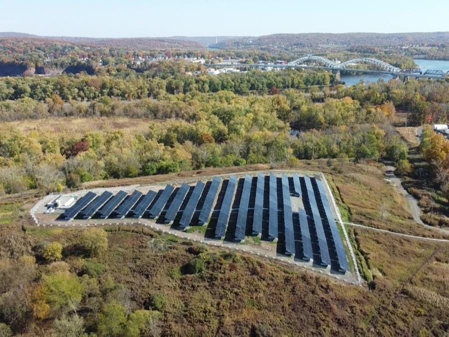 An aerial drone photo of a new solar project at a former Middletown landfill.