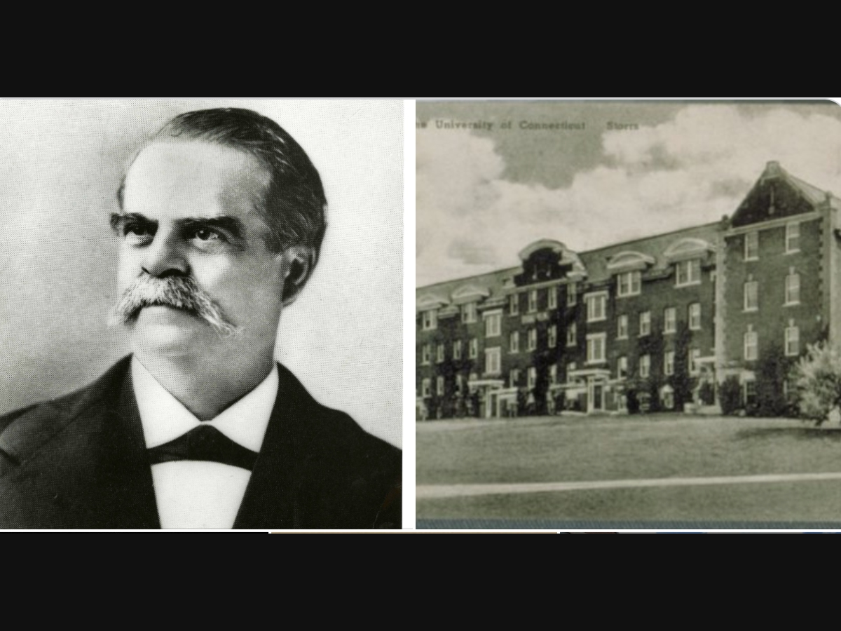 Augustus Storrs and an early college building. 