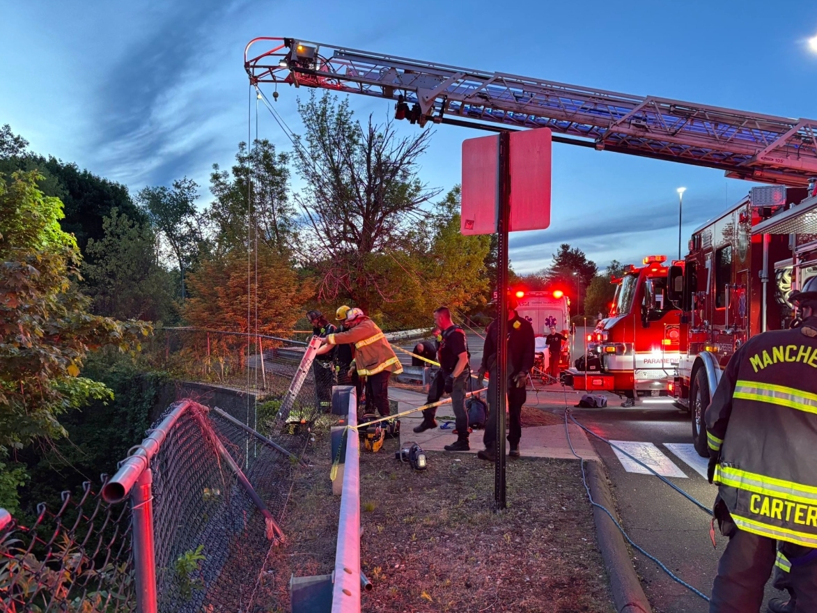 A long fall created a complicated rescue scene in Manchester Tuesday night. 