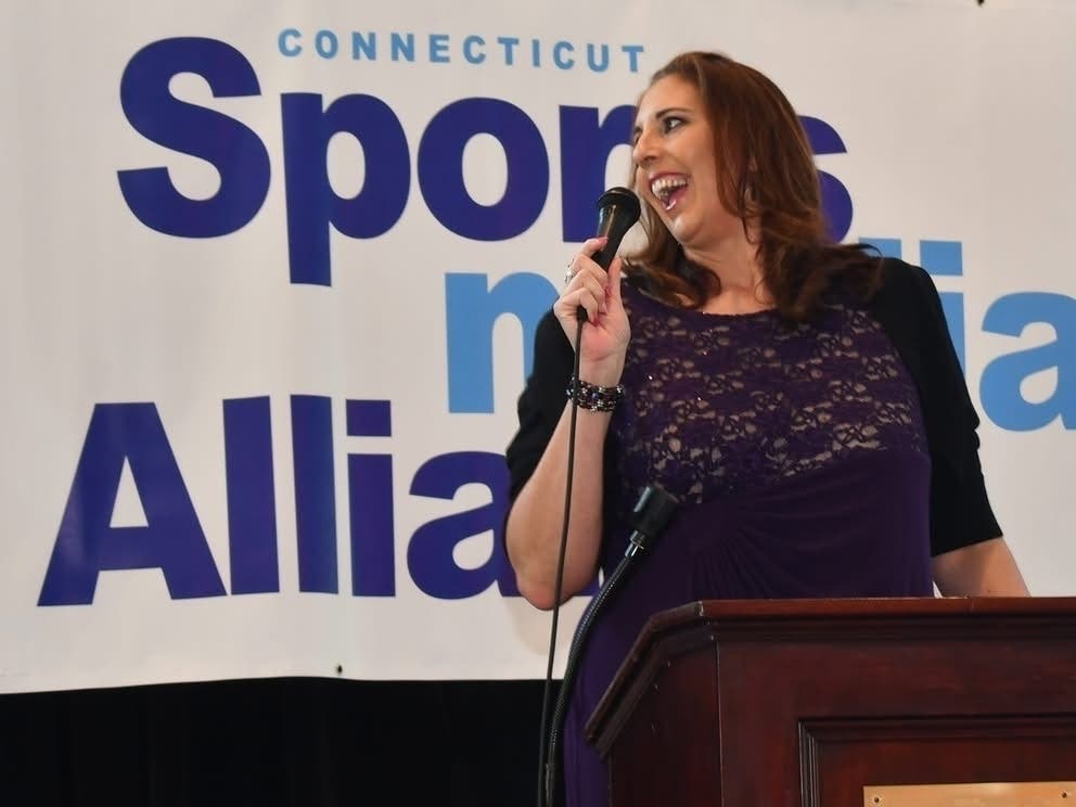 Kara Wolters was all smiles last weekend when she received a Connecticut Sports Media Alliance Gold Key award. 