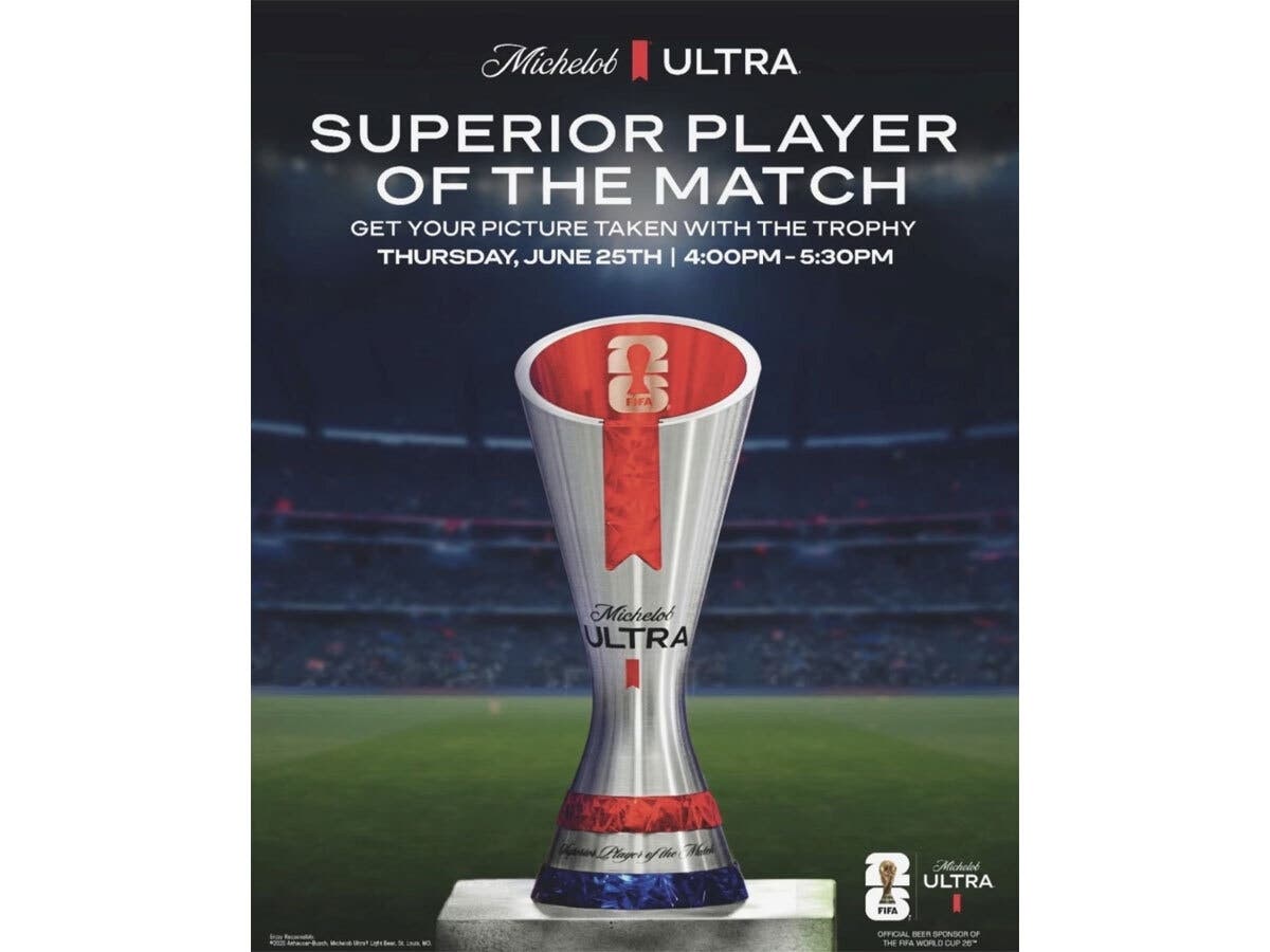 Soccer fans will have a chance to see and take photos with a FIFA “Superior Player of the Match” trophy during a special World Cup watch party Thursday at Elicit Brewing Company.