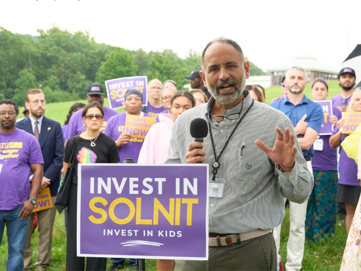 A rally Tuesday at Solnit South Campus called for for increased state funding to address what they described as unsafe working conditions, chronic staffing shortages and deteriorating facilities at the psychiatric treatment center.