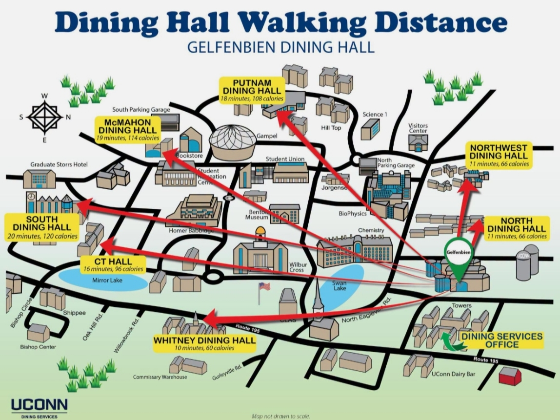 Every dining hall at UConn is now mapped out, complete with walking times. 