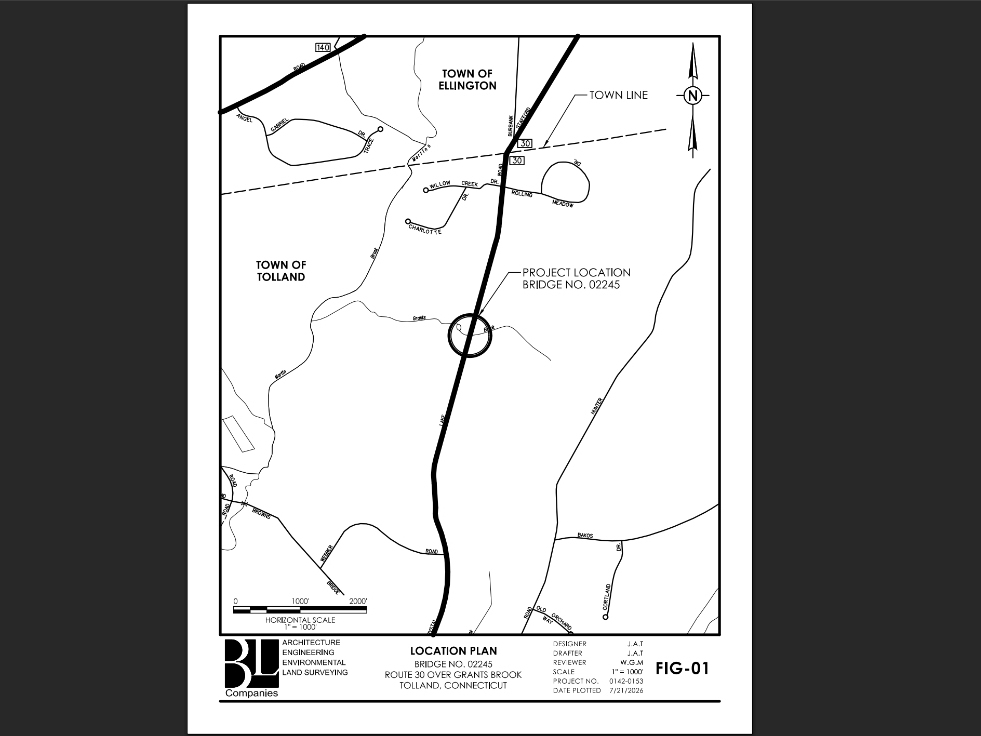 The Connecticut Department of Transportation is planning a $3 million project to replace the Route 30 bridge over Grants Brook in Tolland.