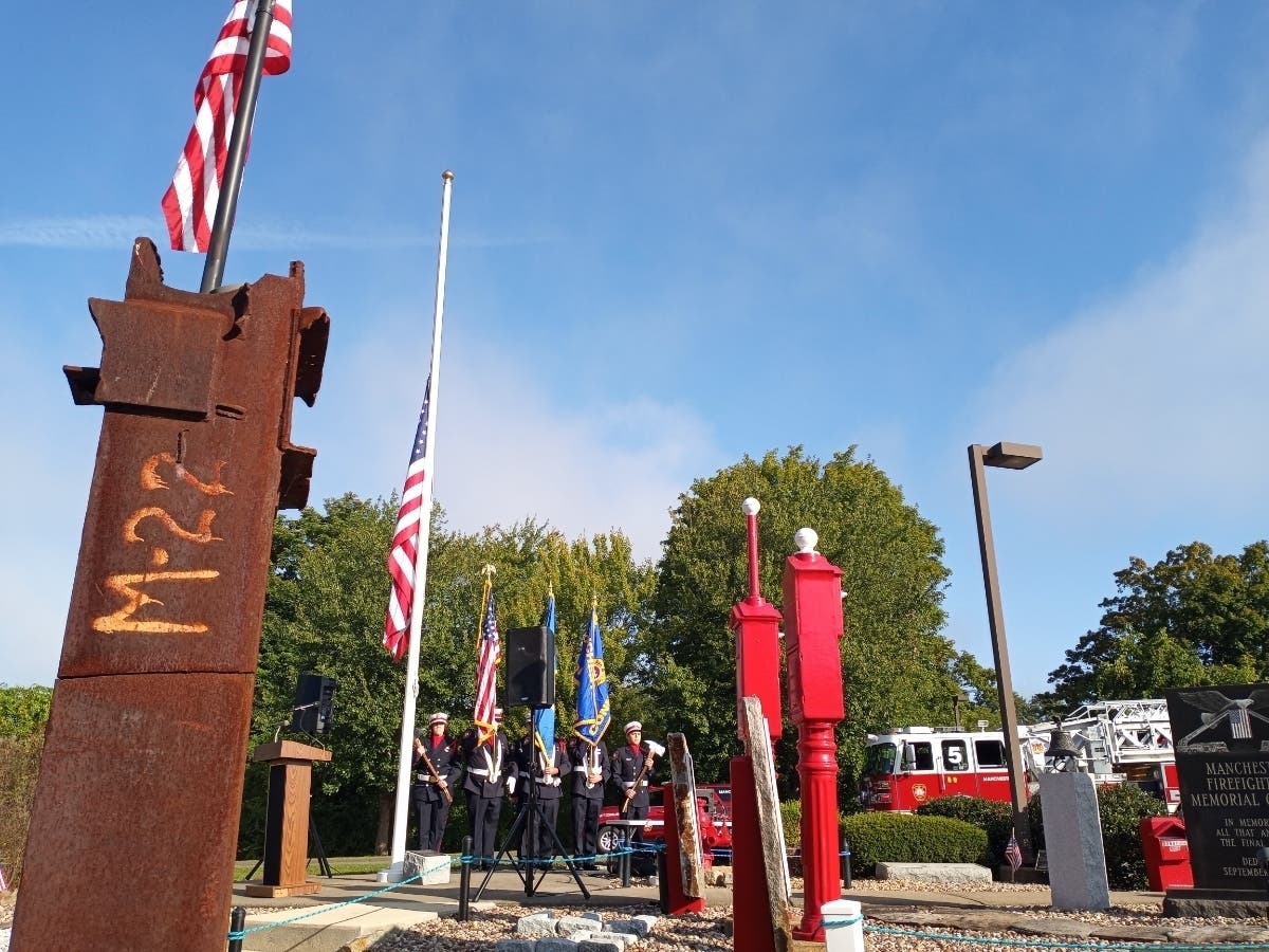 A steel column from the plaza of the north Worls Trade Center tower sits at the Manchester Firefighters Memorial; Garden at Station 5.