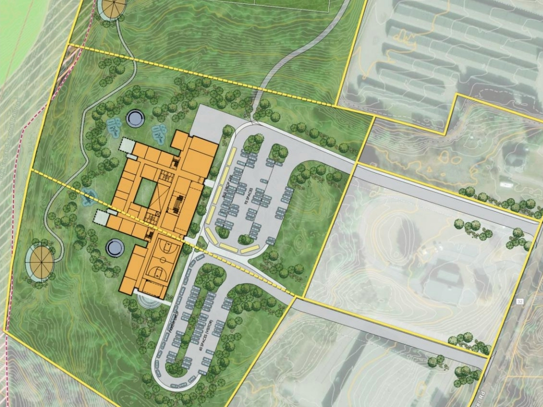 A conceptual rendering of a proposed school designed to bring Willington students from Center Elementary School, which serves preschool through fourth grade, and Hall Memorial School, which serves grades five through eight, into one new building.