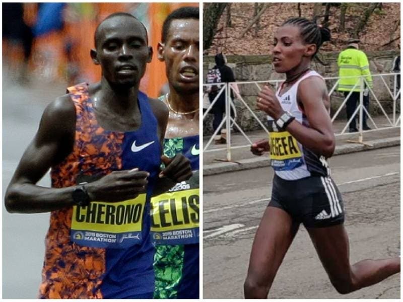 Lawrence Cherono and Worknesh Degefa won the 123rd Boston Marathon April 15, 2019.