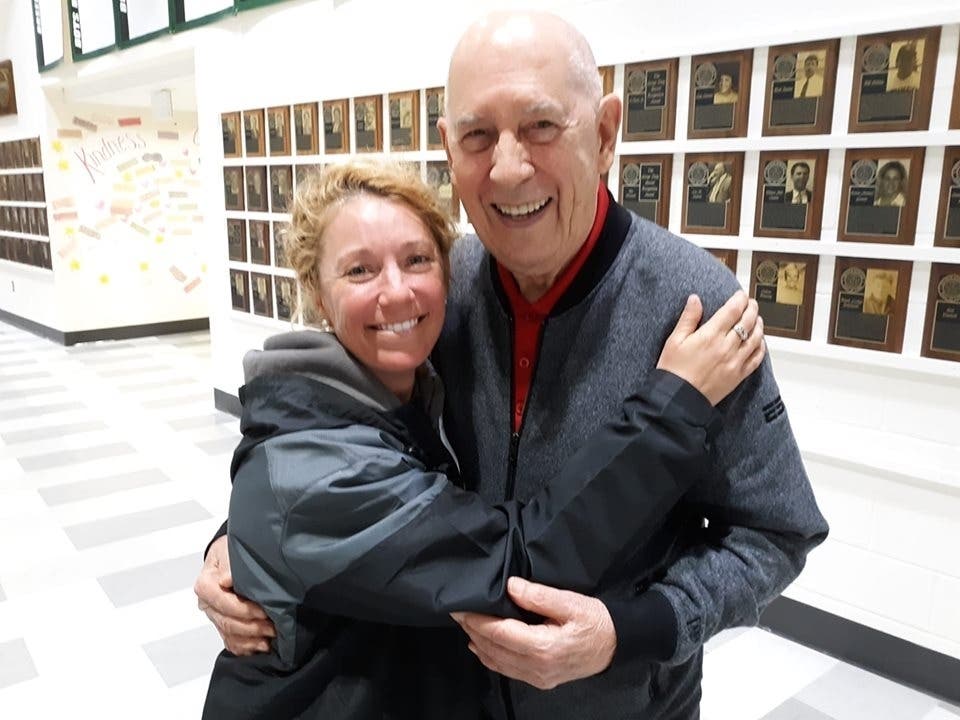 ESPN founder Bill Rasmussen with Enfield High School field hockey coach Amy Bartholomew at an event in late April.