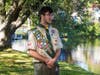 Boy Scout Max Dumont speaks at a ceremony Saturday unveiling his Eagle badge project at Shaker Pines Lake.
