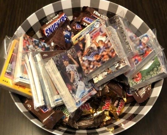 Baseball cards were available at one door in Ellington on Halloween night.