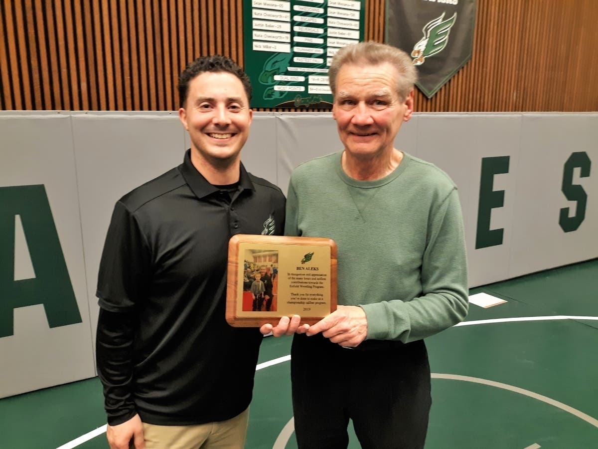 Former Fermi wrestling coach and Enfield Athletic Hall of Famer Ben Aleks (right), alongside former Enfield coach Andrew Duperre.