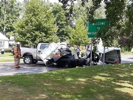A fatal crash between a pickup truck and a mail delivery truck on Aug. 22, 2019.