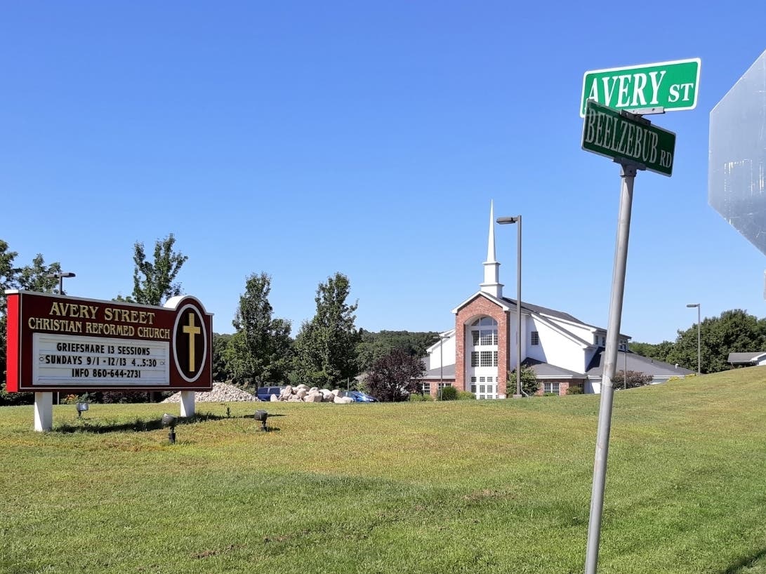 A church sits at the corner of Beelzebub Rd. and Avery St. in South Windsor.