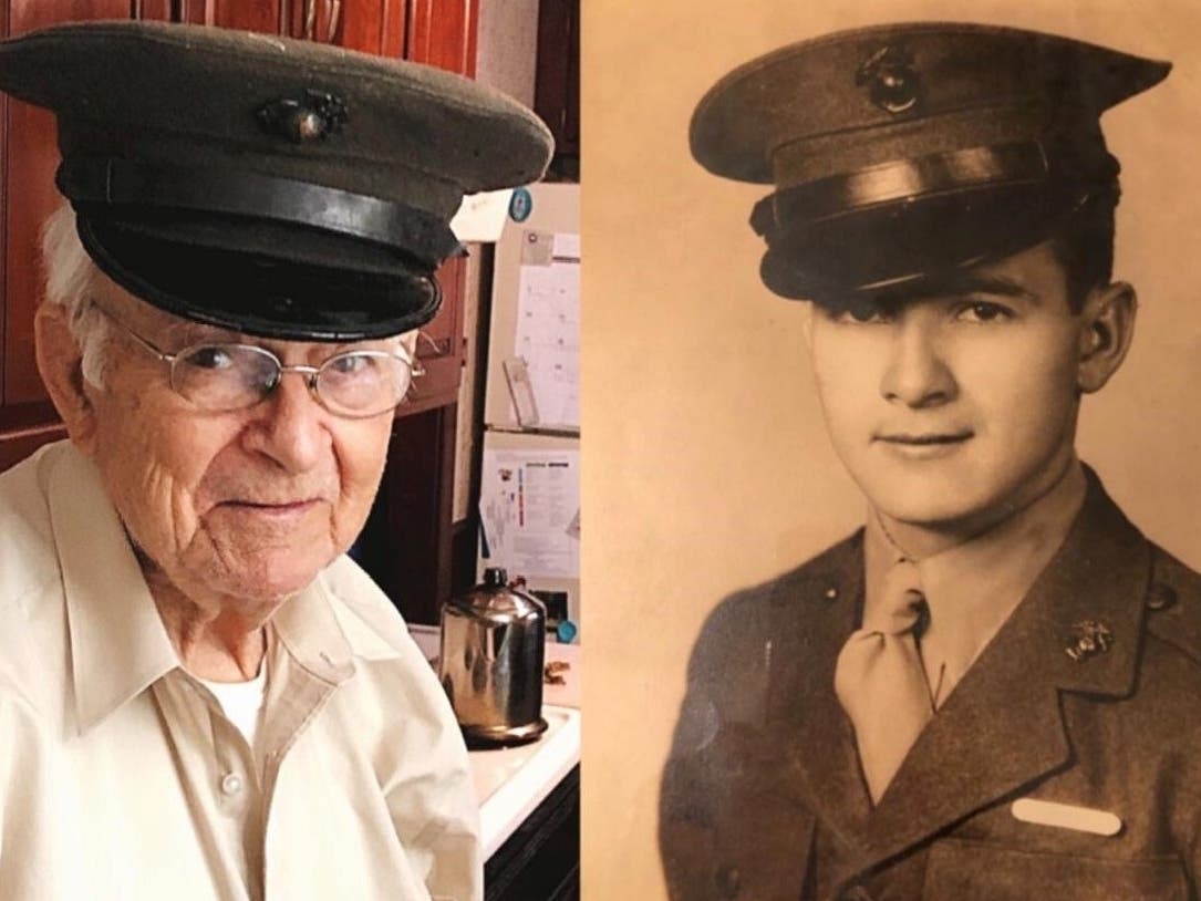 Stanley Kokofski in a recent photo (left) and during his Marine Corps days during World War II.
