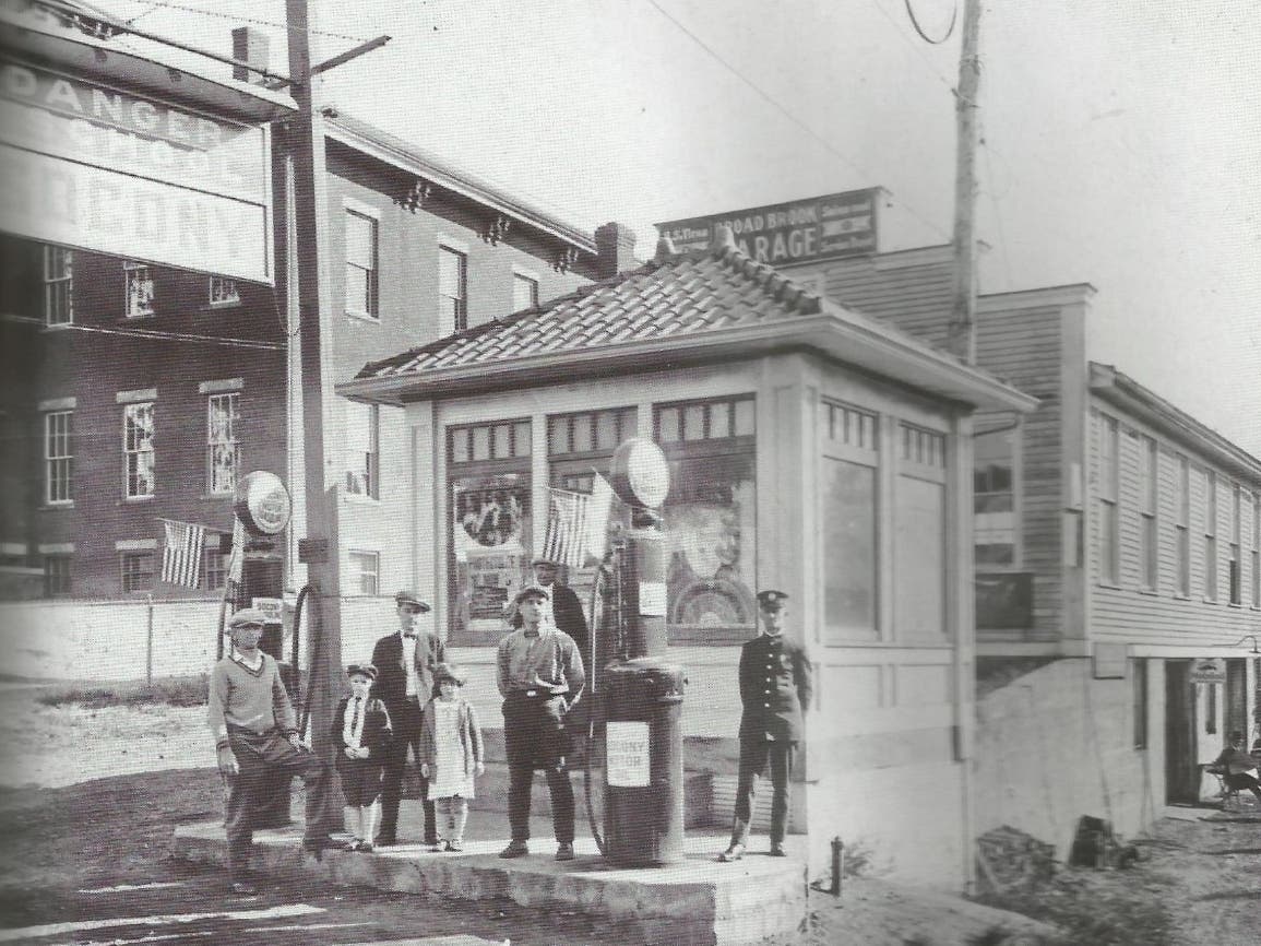A 1925 view of automotive buildings which still stand today in the center of Broad Brook.