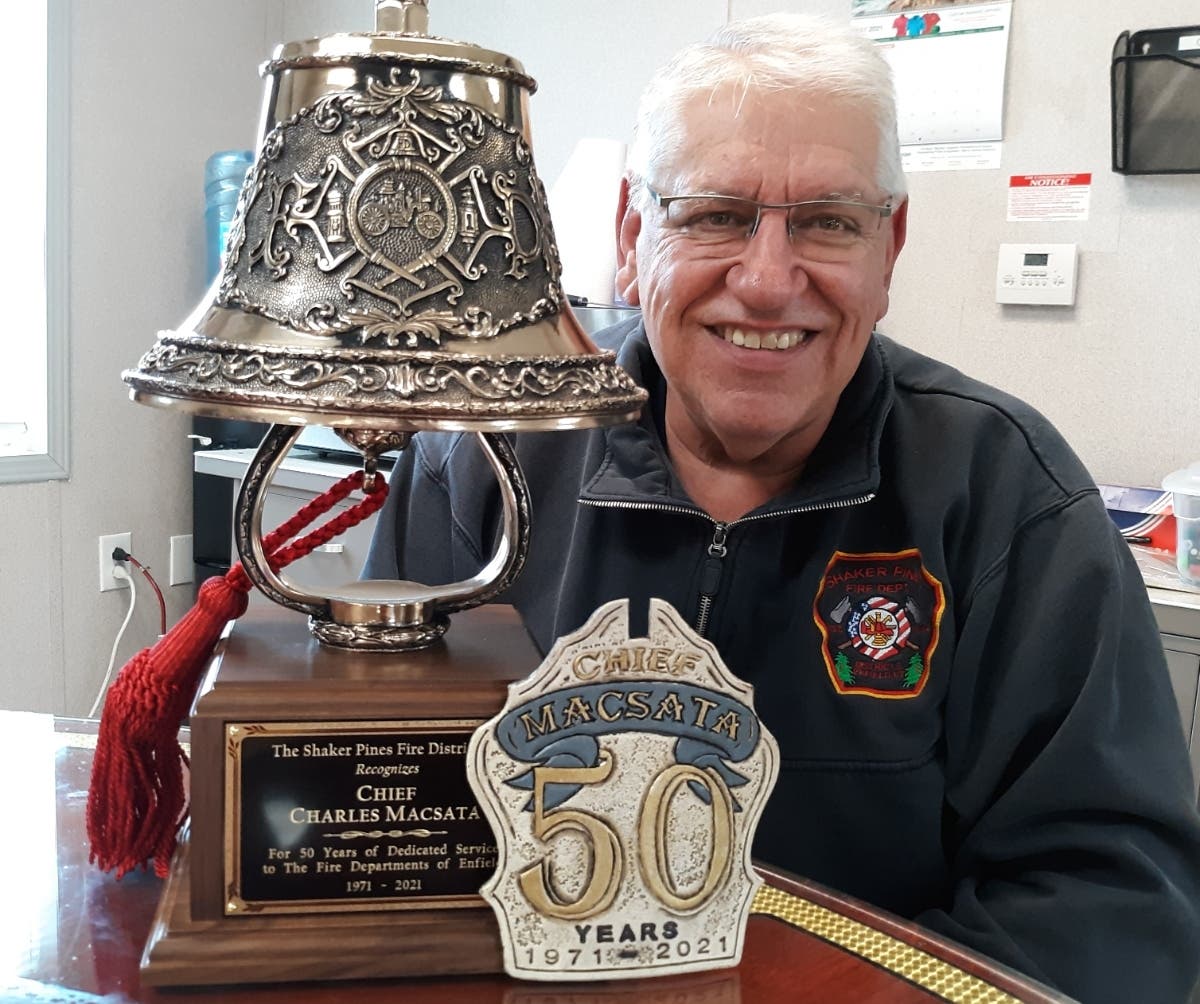 Chief Charlie Macsata of the Shaker Pines Fire Department was honored Saturday for his 50 years of service to his hometown of Enfield. He will retire at the end of 2021.