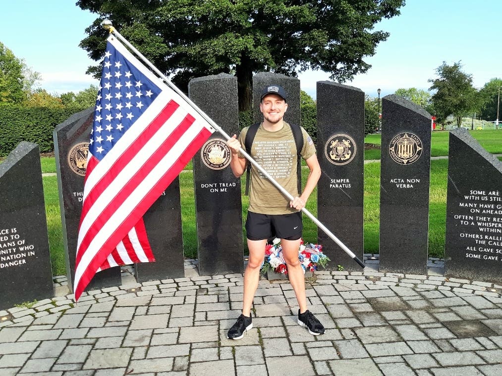 U.S. Army veteran Anthony DiLizia began his march Thursday morning at 8 a.m. at the veterans monument on the Enfield town green.