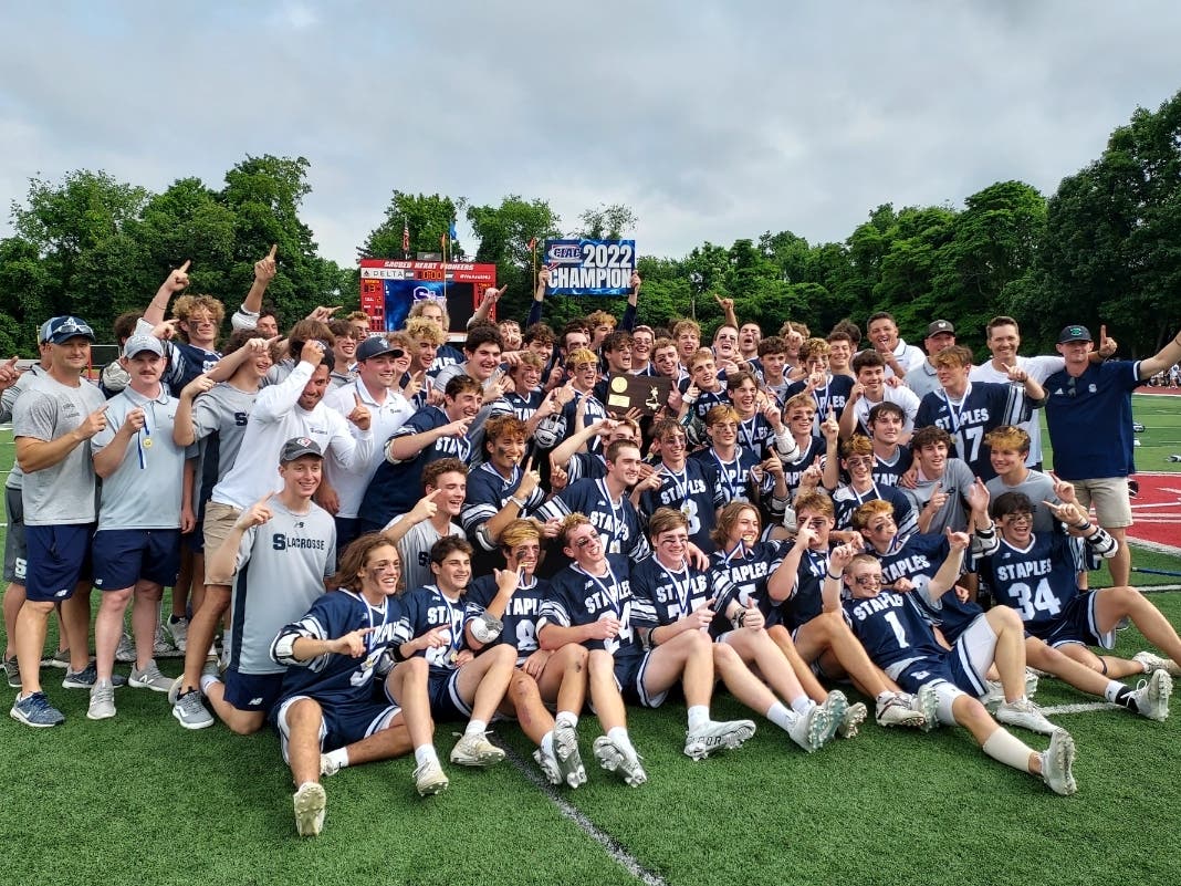 Staples scored the first eight goals of the contest en route to a 12-3 victory over Darien Sunday in the Class L boys lacrosse championship match.