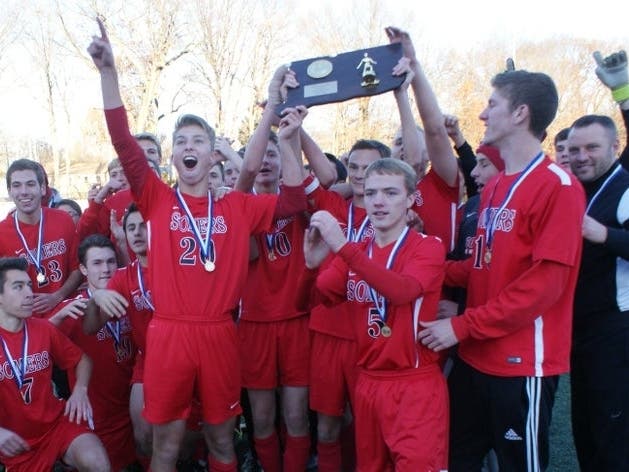 The 2015 Class S boys soccer champions from Somers High School.