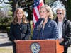 Nassau County Legislator Delia DeRiggi-Whitton, County Executive Laura Curran and County Social Services Commissioner Nancy Nunziata during a briefing on mental health assistance during the Coronavirus outbreak. 