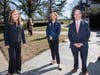 (From left) County Leg. Delia DeRiggi-Whitton, County Executive Laura Curran and Health Commissioner Dr. Lawrence Eisenstein discuss COVID-19 from a safe distance from one another.