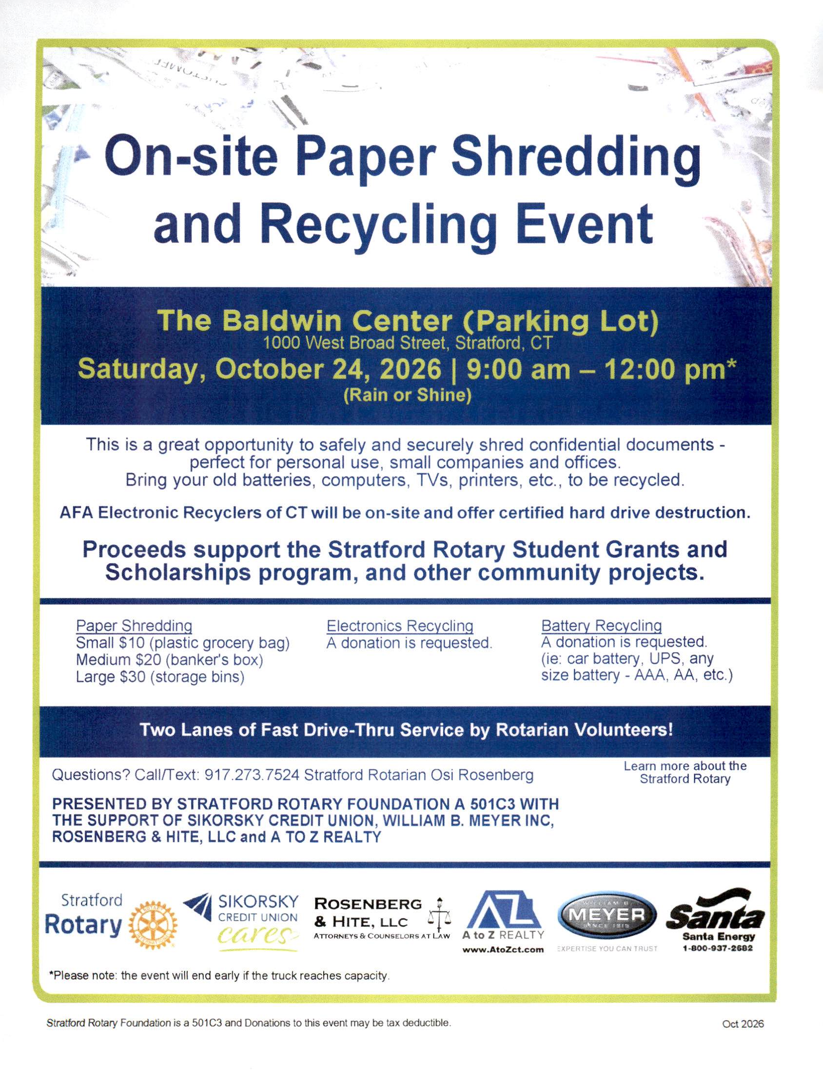 Paper Shredding Event (on-site) with Stratford Rotary - Electronic Collection
