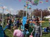 For 10 to 12-year-old children, a complex 15’ x 20’ 3-Dimensional Challenge Maze, was constructed with steel fence posts, PVC tubing, rope, colorful string, hula hoops and pool noodles. 2 flags fly on the 10’ high center posts at annual Easter Egg Hunt. 